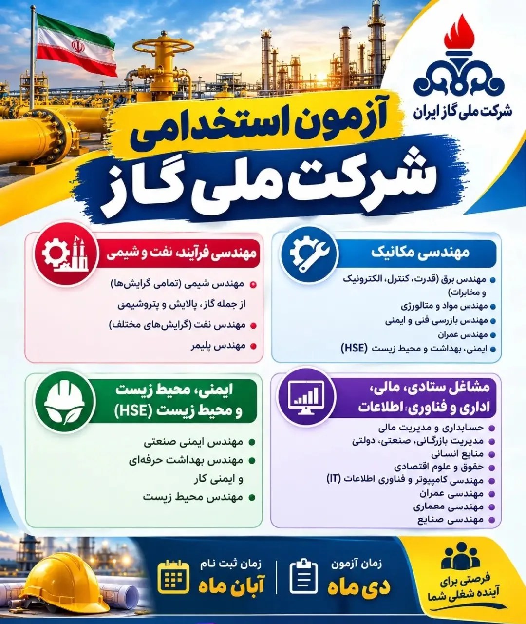 ثبت‌نام آزمون استخدامی شرکت ملی گاز آغاز می‌شود؛ جزئیات رشته‌های موردنیاز